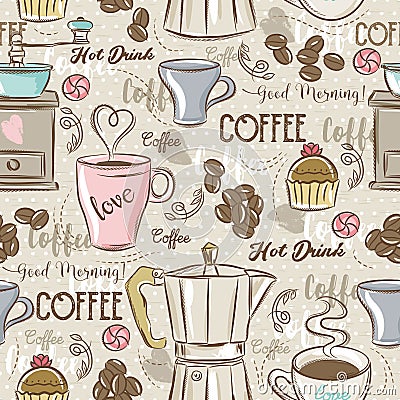 Beige seamless patterns with coffee set, coffee maker, muffin Vector Illustration