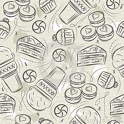 Beige Seamless Patterns with cupcake, ice cream, muffins, croissant, cake and cookie on grunge background. Ideal for printing onto Vector Illustration