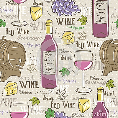 Beige seamless patterns with red wine set, cask, glass, grapes, Vector Illustration