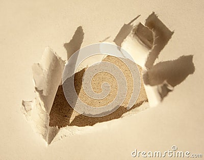 Beige, sepia header in torn page paper hole with shadws. Stock Photo