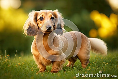 beige small dachshund dog walking on grass lawn in park Cartoon Illustration