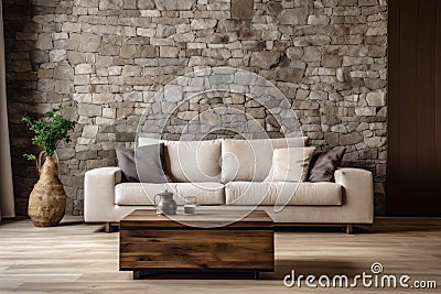 Beige sofa on hardwood floor near stone cladding wall. Minimalist style home interior design of modern living room Stock Photo