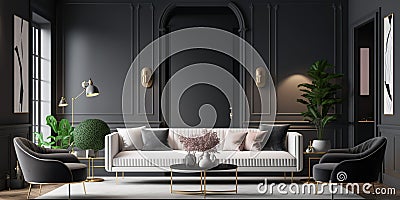 Beige sofa in living room, Interior design of modern apartment, gray armchairs, black wall mockup in home design - Generative AI Stock Photo