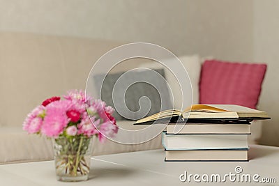 Beige sofa with plaid and colorful pillows pink, grey, white with books in the living room Stock Photo