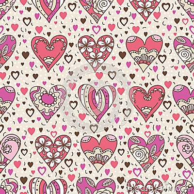 Beige square background with pink decorative valentine hearts Vector Illustration