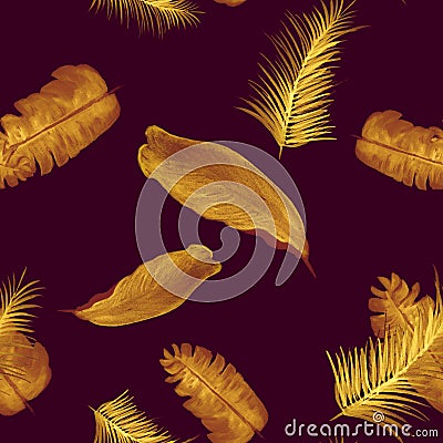Beige Tropical Leaves. Purple Seamless Hibiscus. Yellow Pattern Vintage. Violet Banana Leaves. Autumn Garden Botanical. Stock Photo