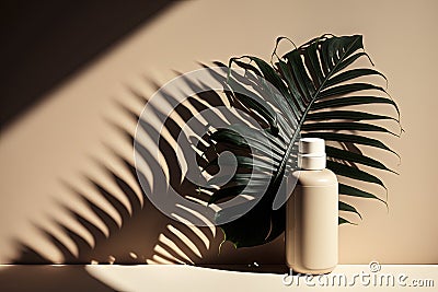 Beige tube of cosmetics among the leave. The concept of natural plant cosmetics. Generative AI Stock Photo