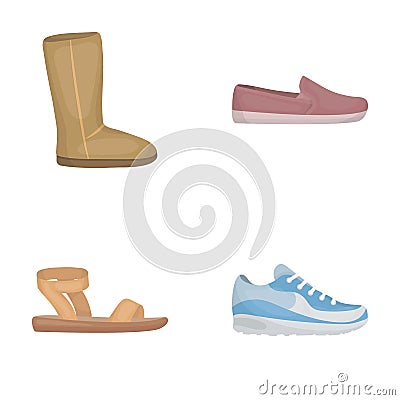 Beige ugg boots with fur, brown loafers with a white sole, sandals with a fastener, white and blue sneakers. Shoes set Vector Illustration