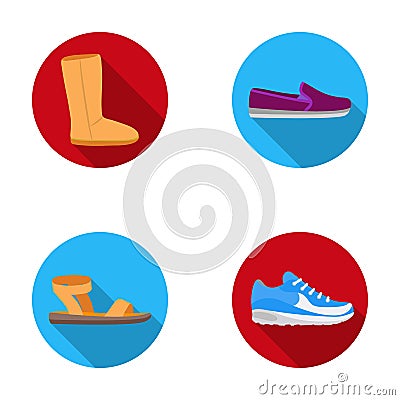 Beige ugg boots with fur, brown loafers with a white sole, sandals with a fastener, white and blue sneakers. Shoes set Vector Illustration