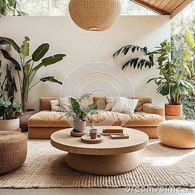 Beige velvet sofa with terra cotta cushions between houseplants. Wooden round coffee table near ottoman on knitted rug Stock Photo