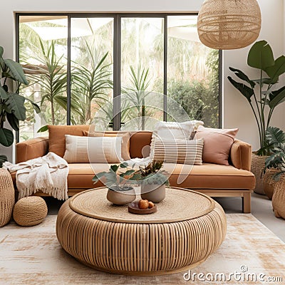 Beige velvet sofa with terra cotta cushions between houseplants. Wooden round coffee table near ottoman on knitted rug Stock Photo