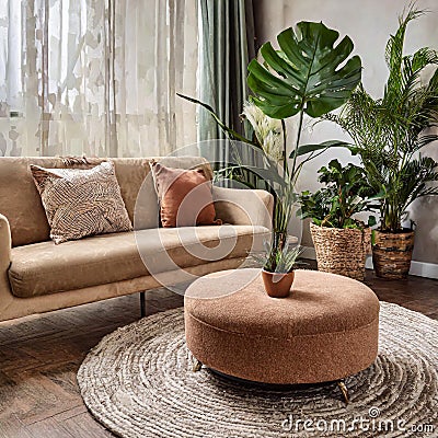 Beige velvet sofa with terra cotta cushions between houseplants. Wooden round coffee table near ottoman on knitted rug. Stock Photo