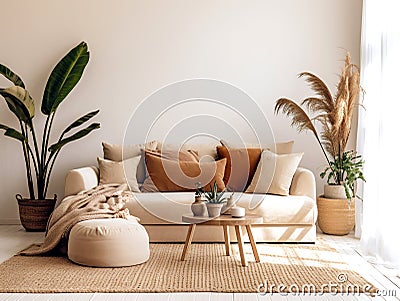Beige velvet sofa with terra cotta cushions between houseplants. Wooden round coffee table near ottoman on knitted rug. Stock Photo