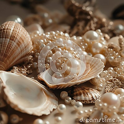 beige white colored seashells and pearls Stock Photo