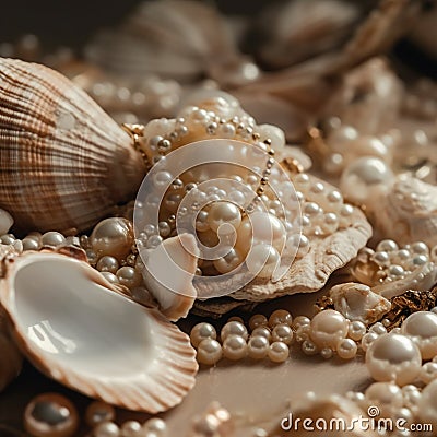 beige white colored seashells and pearls Stock Photo