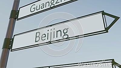 Beijin direction sign on road signpost with Asian cities captions. Conceptual 3D rendering Stock Photo