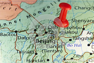 Beijing China capitol city. Red pin on map Stock Photo