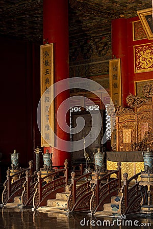 Beijing, China, January 2, 2020 : Ancient dragon Throne of the Emperor of China at Qianqinggong Palace of Heavenly Purity is Editorial Stock Photo