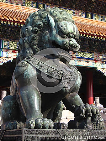 Beijing, China - November 10, 2010: Sculpture of guardian lion at the Gate of Supreme Harmony, the second major gate in the south Editorial Stock Photo