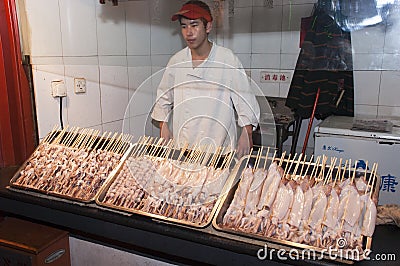 Beijing China Street Food Vendor, Squid, Fish Eyes Editorial Stock Photo