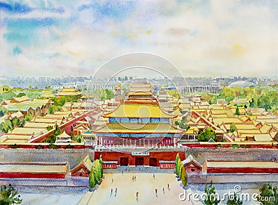 Beijing forbidden city scenery in China Cartoon Illustration