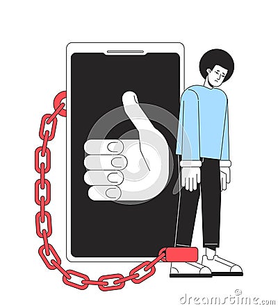 Being chained to smartphone line concept vector spot illustration Vector Illustration