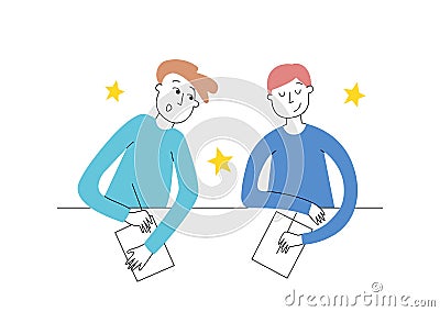 Being left-hander is to make other people curious. Left-handed boy and his right-handed school partner. Vector Illustration