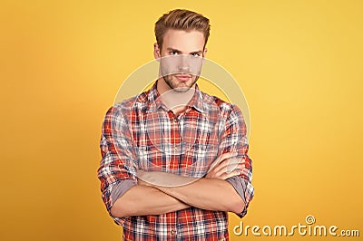 Being serious. Menswear shop. Macho man wearing checkered shirt. Fashion summer trends. Unshaven man skin care Stock Photo