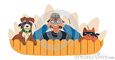 Being watched concept with curious man and faithful pet cat and dog spying look through spy glass Vector Illustration