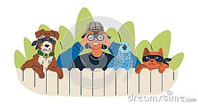 Being watched concept with curious man and faithful pet cat and dog spying look through spy glass Vector Illustration