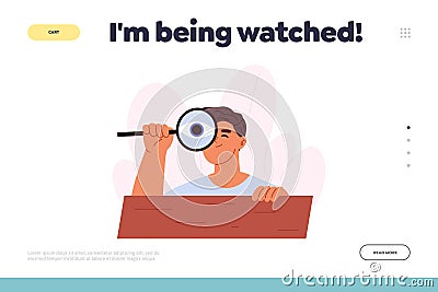 Being watched concept of landing page with curious young man spying, observing, sneaking Vector Illustration