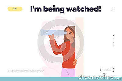 Being watched concept of landing page with curious young woman spying look through spy glass hiding Vector Illustration