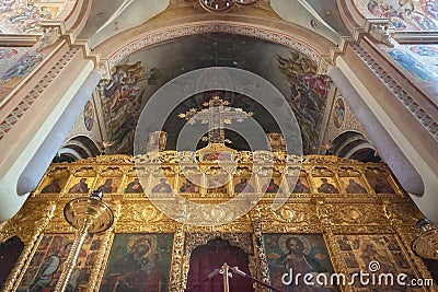 BEIRUT, LEBANON - AUGUST 14, 2014: Interior of the Saint George Greek Orthodox Cathedral, view through a glass window from the Editorial Stock Photo
