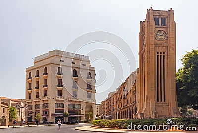 BEIRUT, LEBANON - AUGUST 14, 2014: View of the historical buildings with famous Clock Tower on the Nejmeh square in Beirut Central Editorial Stock Photo