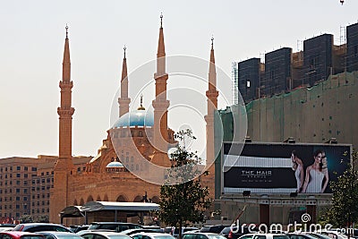 BEIRUT, LEBANON - AUGUST 14, 2014: View of the Mohammad Al-Amin Mosque also referred to as the Blue Mosque. Is a modern Sunni Editorial Stock Photo