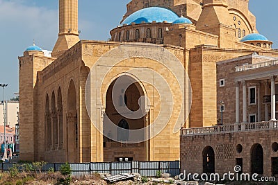 BEIRUT, LEBANON - AUGUST 14, 2014: View of the Mohammad Al-Amin Mosque also referred to as the Blue Mosque. Is a modern Sunni Editorial Stock Photo