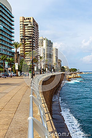 Picturesque central embankment of the capital Beirut. Paris Avenue. Mediterranean Sea. Editorial Stock Photo