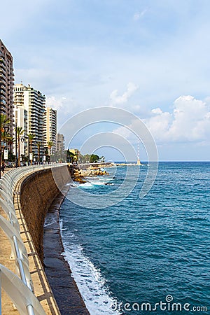 Picturesque central embankment of the capital Beirut. Paris Avenue. Mediterranean Sea. Editorial Stock Photo