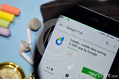 Datally: Mobile data-saving & WiFi by Google dev app with magnifying on Smartphone screen. Editorial Stock Photo