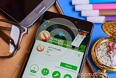 Anti Adware dev app on Smartphone screen. Editorial Stock Photo