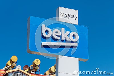 Beko logo, Turkish domestic appliance and consumer electronics brand outdoor signage over blue sky Editorial Stock Photo