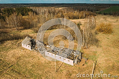 Belarus. Abandoned Barn, Shed, Farm House In Chernobyl Resettlement Zone. Chornobyl Catastrophe Disasters. Dilapidated Stock Photo
