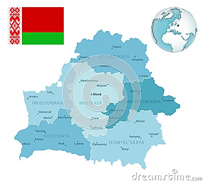 Belarus administrative blue-green map with country flag and location on a globe Cartoon Illustration