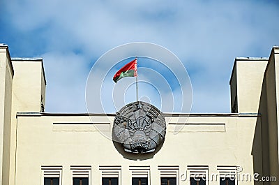 Belarus. Flag and coat of arms of Belarus on the building of the Government House in Minsk. May 21, 2017 Editorial Stock Photo