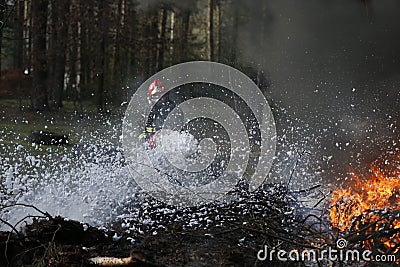 Belarus, Gomel city. Firefighting of the forest 06.04.2017.The fireman extinguishes with a foam forest fire.The brave firefighter. Editorial Stock Photo