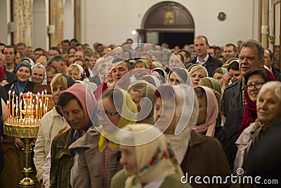 Celebration of Orthodox Easter.Crowd of people in church.Believers Editorial Stock Photo