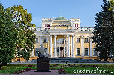 Belarus, Gomel, Rumyantsev-Paskevich Palace and monument of Count Rumyantsev N.P Editorial Stock Photo