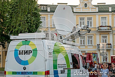 Belarus, Grodno July 15, 2022: TV satellite dish on the roof of the car. The car of the television news service. Special transport Editorial Stock Photo