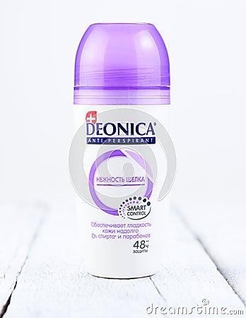 Belarus, Minsk - 12.05.2020:Deonica antiperspirant.Roll deodorant antiperspirant aroma flower healthcare for surface armpit style Editorial Stock Photo