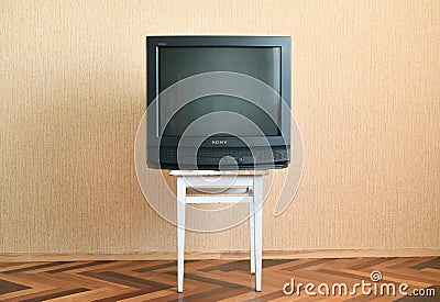 Belarus, Minsk - June 3, 2019: Sony trinitron kv-21m3 with green screen. Editorial Stock Photo